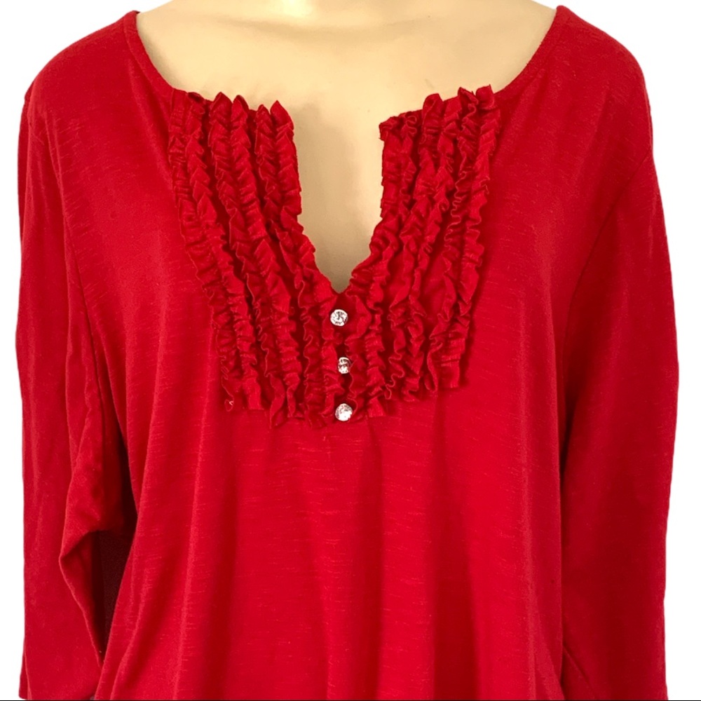 Pennington’s PLUS 2X Red Ruffle Gem Jewel Embellished V Neck Tee Top Shirt